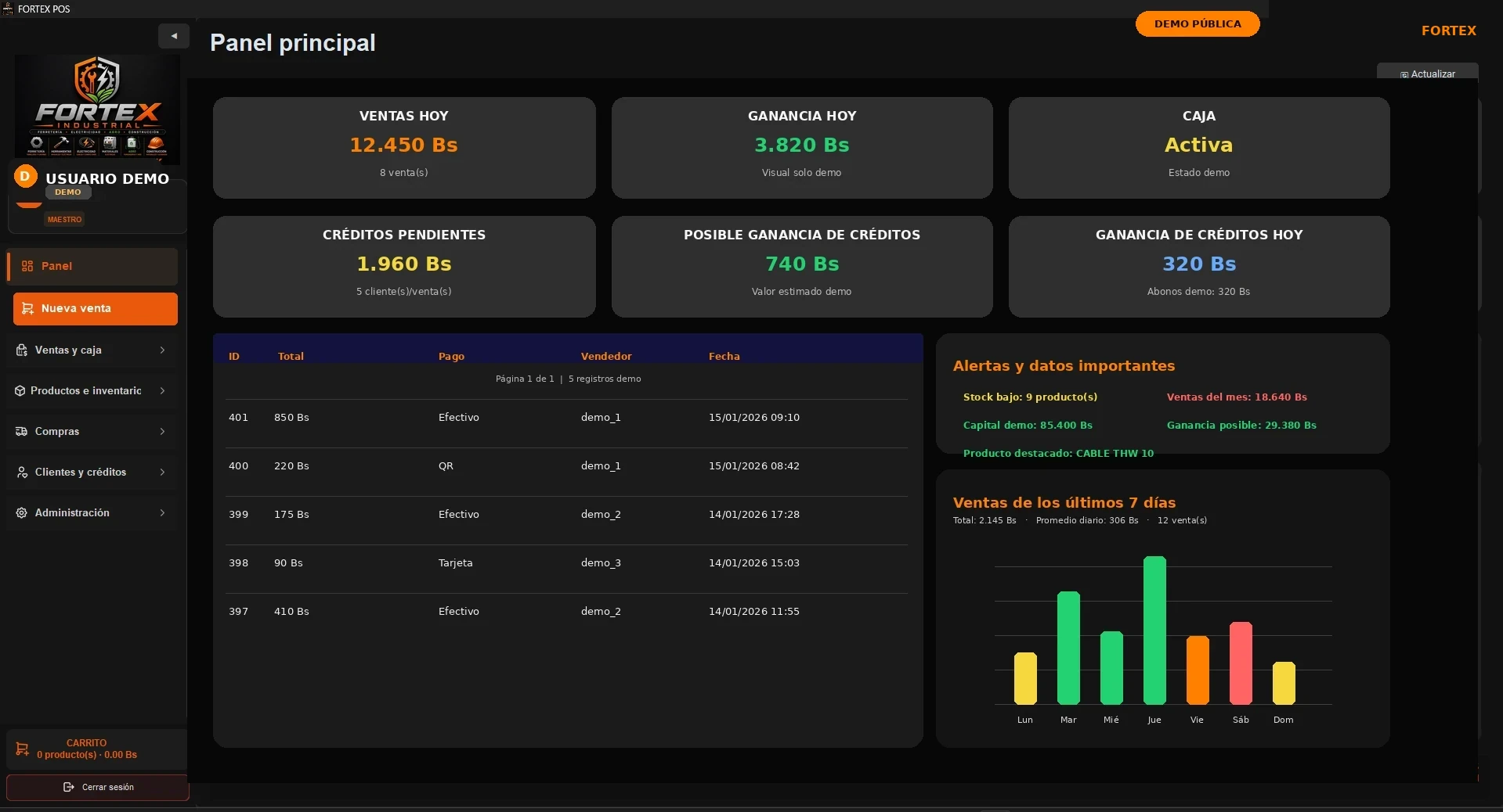 FORTEX POS con interfaz real y datos demo