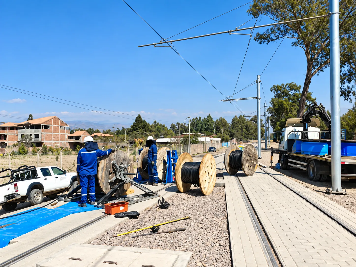 Tendido de cableado en vía ferroviaria